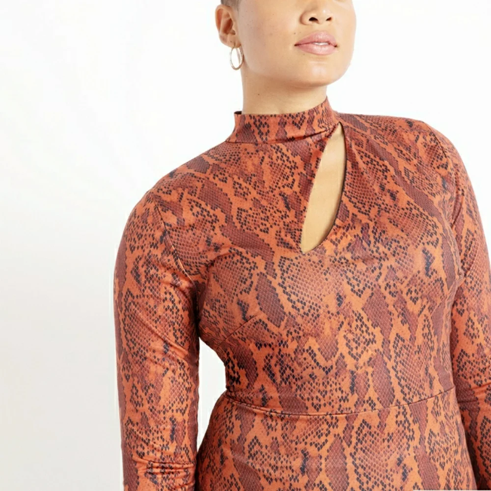 Eloquii The Hendrix Burnt Orange Sleek Snakeskin Print Bodycon  Cutout D… - Picture 2 of 10